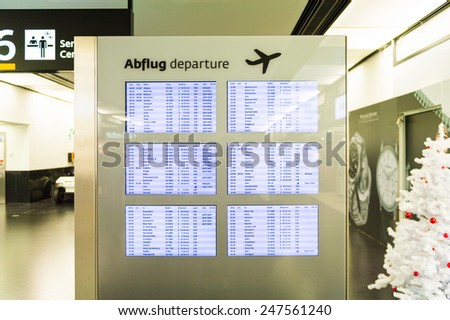 VIENNA, AUSTRIA - DEC 30, 2014: Time table in the Vienna International Airport, which serves as the hub for Austrian Airlines