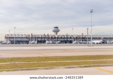 MADRID, SPAIN - JAN 26, 2015: Terminal T4 the Adolfo Suarez Madrid Barajas Airport. Barajas  is the main international airport serving Madrid in Spain.