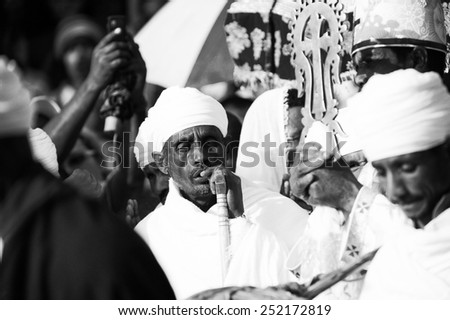 LALIBELA, ETHIOPIA - SEP 27, 2011:  Portrait of an unidentified Ethiopian religious man in white turban during the Meskel festival in Ehtiopia. Meskel commemorates the finding of the True Cross