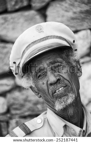 AKSUM, ETHIOPIA - SEP 24, 2011: Unidentified Ethiopian military man wearing hat in Ethiopia, Sep.24, 2011. People in Ethiopia suffer of poverty due to the unstable situation