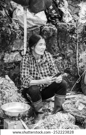 SAPA, VIETNAM - SEP 20, 2014: Unidentified Vietnamese woman works at the market . 90% of Vietnamese people belong to the Viet ethnic group