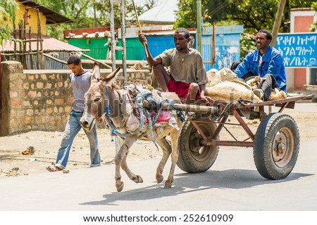 OMO, ETHIOPIA - SEPTEMBER 21, 2011: Unidentified Ethiopian man on a donkey carriage in the street. People in Ethiopia suffer of poverty due to the unstable situation