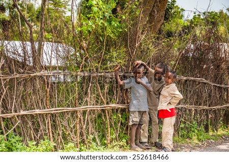 OMO, ETHIOPIA - SEPTEMBER 19, 2011: Unidentified Ethiopian boys near a wooden fence. People in Ethiopia suffer of poverty due to the unstable situation