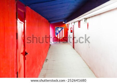 MADRID, SPAIN - FEB 11, 2015: Atletico Madrid Dressing room of the Vicente Calderon Football Stadium. It\'s the home stadium of La Liga football club Atletico Madrid