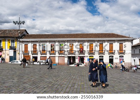 QUITO, ECUADOR - JAN 1, 2015: Plaza San Francisco in the historic center of Quito. Historic center of Quito is the first UNESCO WOrld Heritage site
