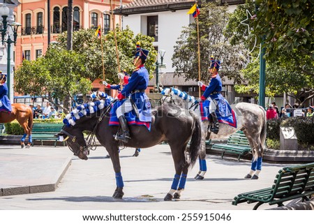 QUITO, ECUADOR - JAN 5, 2015: Unidentified Ecuadorian hussar on a horse during a parade in Quito 71,9% of Ecuadorian people belong to the Mestizo ethnic group