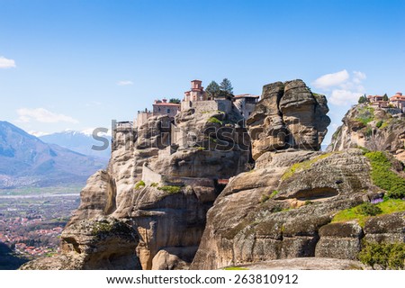 Monastery complex in Meteora mountains, Thessaly, Greece.  UNESCO World Heritage List
