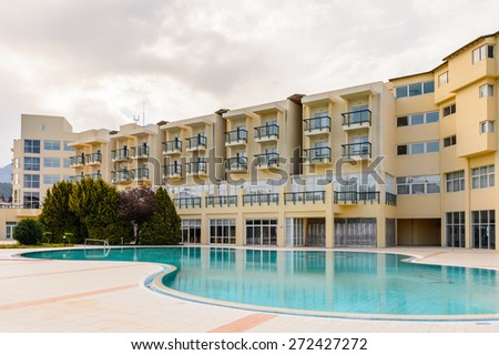 KEMER, TURKEY - APR 15, 2015: Swimming pool in the Touristic hotel in Kemer, Turkey. Kemer is a popular touristic destination on the Mediterranean sea coast