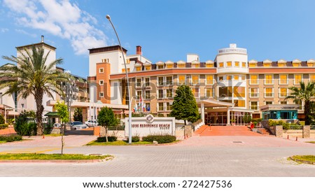 KEMER, TURKEY - APR 15, 2015: Rose residence beach hotel in Kemer, Turkey. Kemer is a popular touristic destination on the Mediterranean sea coast