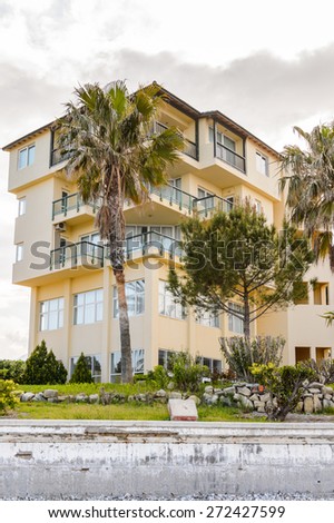 KEMER, TURKEY - APR 15, 2015: Touristic hotel in Kemer, Turkey. Kemer is a popular touristic destination on the Mediterranean sea coast