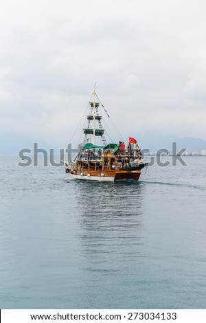 ANTALYA, TURKEY - APR 19, 2015: Pirate touristic ship on the Mediterranean sea near the Old harbour in Antalya (Kaleici), Turkey.  Mediterranean sea is 2,500,000 km2