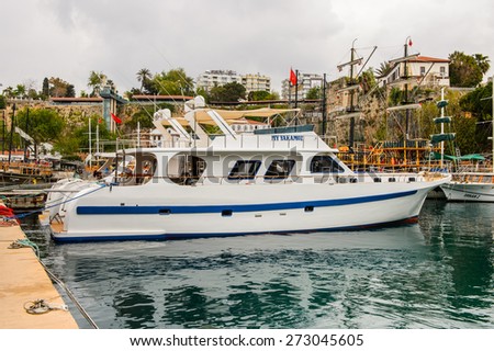 ANTALYA, TURKEY - APR 19, 2015: Old harbour in Antalya (Kaleici), Turkey. Old town of Antalya is a popular destination among  tourists