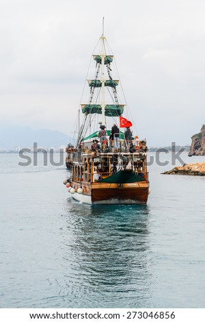 ANTALYA, TURKEY - APR 19, 2015: Pirate touristic ship on the Mediterranean sea near the Old harbour in Antalya (Kaleici), Turkey.  Mediterranean sea is 2,500,000 km2