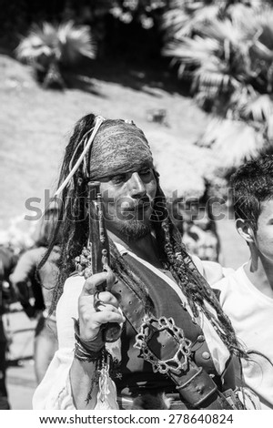 VINA DEL MAR, CHILE - NOV 9, 2014: Unidentified Chilean man dressed as Jack Sparrow. Jack Sparrow is a fomous character portrayed by Johnny Depp