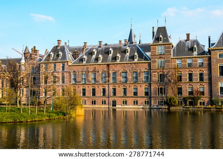 The Ridderzaal in Binnenhof with the Hofvijver lake. Meeting place of States General of the Netherlands, the Ministry of General Affairs and the office of the Prime Minister of Netherlands