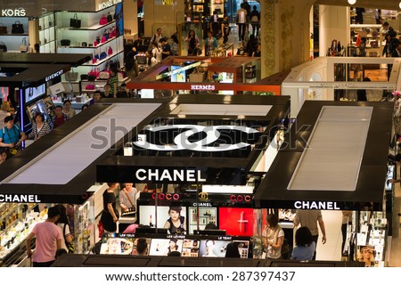 PARIS, FRANCE - JUN 6, 2015: Chanel section in the Galeries Lafayette city mall. It was open in 1912