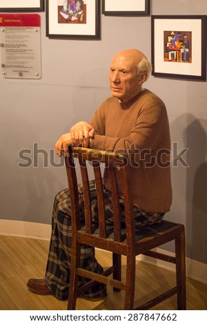 AMSTERDAM, NETHERLANDS - JUN 1, 2015: Pablo Picasso, the painter, Madame Tussauds museum in Amsterdam. Marie Tussaud was born as Marie Grosholtz in 1761