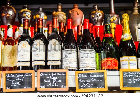 TROUVILLE, FRANCE - JUN 7, 2015:  Alcoholic drinks shop in Troville, the town in the Calvados Department of France. Too much alcohol is bad for the health