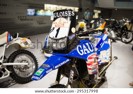 MUNICH, GERMANY - JULY 1, 2015: BMW classic sport  motocycle at the BMW Museum, an automobile museum in Munich, Germany. It was established in 1972