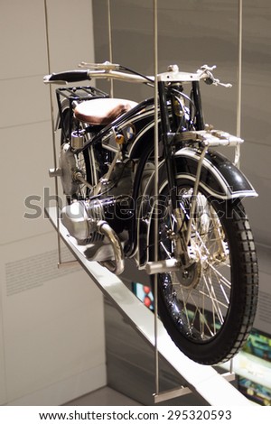 MUNICH, GERMANY - JULY 1, 2015: BMW classic motocycle at the BMW Museum, an automobile museum in Munich, Germany. It was established in 1972