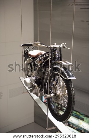 MUNICH, GERMANY - JULY 1, 2015: BMW classic motocycle at the BMW Museum, an automobile museum in Munich, Germany. It was established in 1972