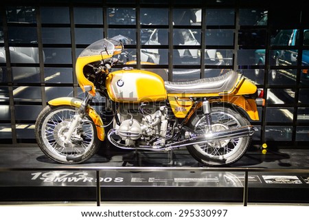 MUNICH, GERMANY - JULY 1, 2015: Classic BMW motocycles at the BMW Museum, an automobile museum in Munich, Germany. It was established in 1972