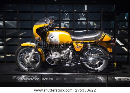 MUNICH, GERMANY - JULY 1, 2015: Classic BMW motocycles at the BMW Museum, an automobile museum in Munich, Germany. It was established in 1972