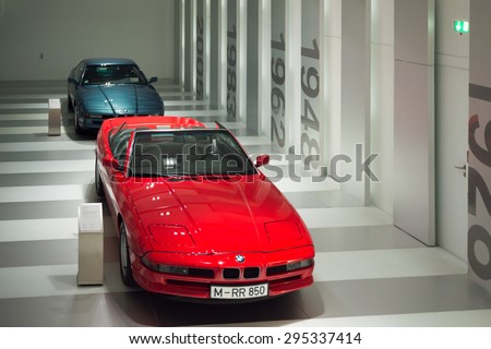 MUNICH, GERMANY - JULY 1, 2015: Red Cabrio at the BMW Museum, an automobile museum in Munich, Germany. It was established in 1972