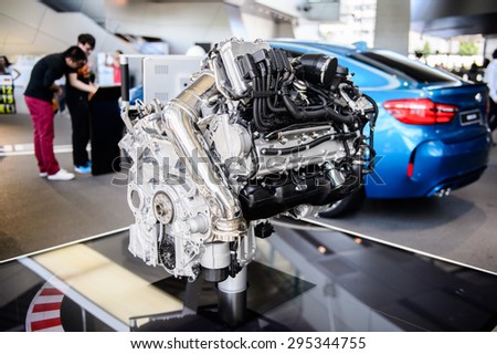 MUNICH, GERMANY - JULY 1, 2015: Motor a the BMW Welt, a customer experience and exhibition facility of the BMW AG, Munich, Germany
