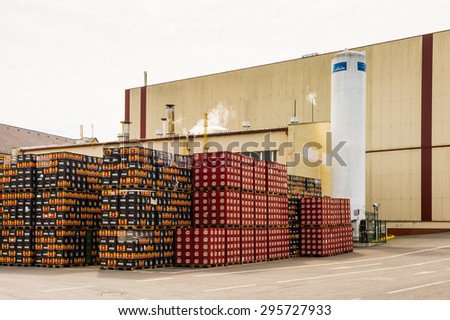 PRAGUE, CZECH REPUBLIC - JUN 30, 2015: Boxes with beer near the Brewery of the Krusovice beer. Krusovice is popular  and famous worldwide Czech beer