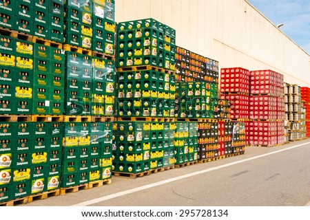 PRAGUE, CZECH REPUBLIC - JUN 30, 2015: Boxes with beer near the Brewery of the Krusovice beer. Krusovice is popular  and famous worldwide Czech beer