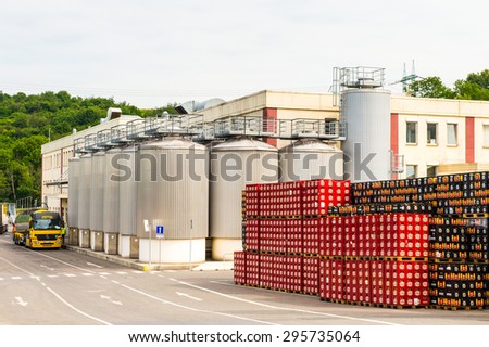 PRAGUE, CZECH REPUBLIC - JUN 30, 2015: Part of the Brewery of the Krusovice beer. Krusovice is popular  and famous worldwide Czech beer