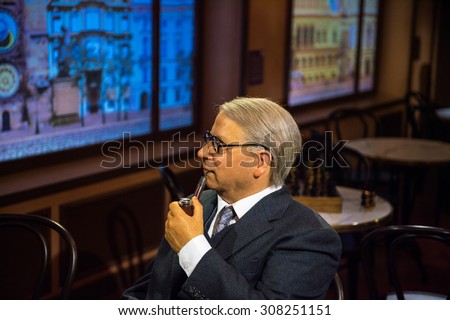 PRAGUE, CZECH REPUBLIC - JUNE 29, 2015: Old Czech beer pub in Grevin museum. Grevin is the museum of the wax figures in Prague