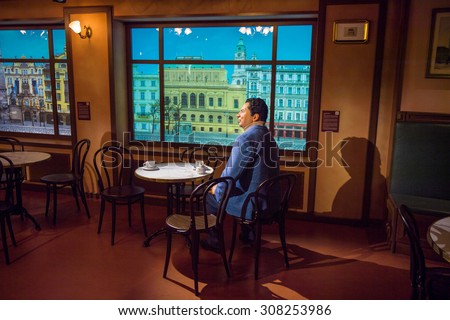PRAGUE, CZECH REPUBLIC - JUNE 29, 2015: Old Czech pub in Grevin museum. Grevin is the museum of the wax figures in Prague
