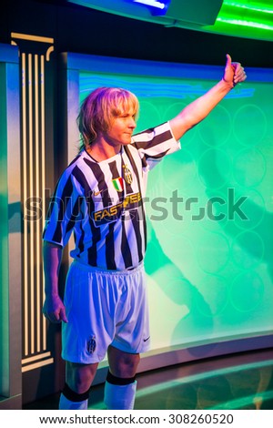 PRAGUE, CZECH REPUBLIC - JUNE 29, 2015: Pavel Nedved, Czech soccer player, Grevin museum. Grevin is the museum of the wax figures in Prague