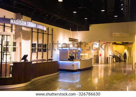 NEW YORK, USA - OCT 8, 2015: Food court at the Madison Square Garden, New York City. MSG is the arena for basketball, ice hockey, pro wrestling, concerts and boxing.
