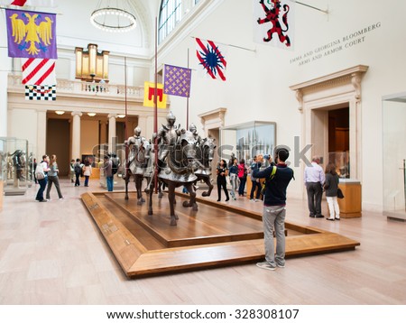 NEW YORK, USA - SEP 25, 2015: Knights and armour room in the Metropolitan Museum of Art (the Met), the largest art museum in the United States of America