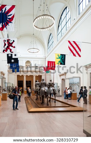 NEW YORK, USA - SEP 25, 2015: Knights and armour room in the Metropolitan Museum of Art (the Met), the largest art museum in the United States of America