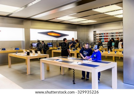 NEW YORK, USA - SEP 22, 2015: Apple store on the Fifth Avenue, New York. The store sells Macintosh personal computers, software, iPod, iPad, iPhone, Apple Watch, Apple TV