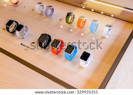 NEW YORK, USA - SEP 22, 2015: Apple watch section at the Apple store on the Fifth Avenue, New York. The store sells Macintosh personal computers, software, iPod, iPad, iPhone, Apple Watch, Apple TV