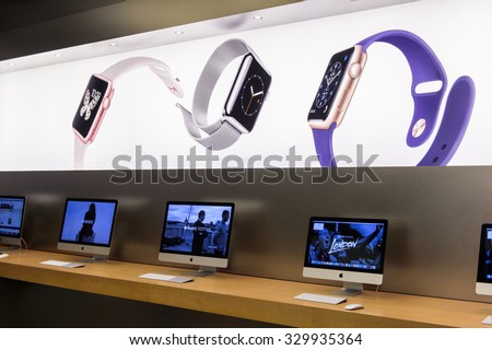 NEW YORK, USA - SEP 22, 2015: Apple store on the Fifth Avenue, New York. The store sells Macintosh personal computers, software, iPod, iPad, iPhone, Apple Watch, Apple TV