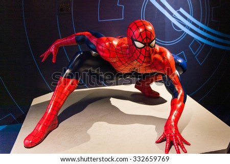 NEW YORK, USA - SEP 22, 2015: Spiderman in the Madame Tussaud  wax museum, TImes Square, New York City. Marie Tussaud was born as Marie Grosholtz in 1761
