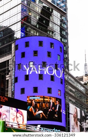 NEW YORK, USA - SEP 22, 2015: Yahoo screen at the Times Square, a major commercial neighborhood in Midtown Manhattan, New York City