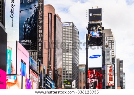 NEW YORK, USA - SEP 22, 2015: Publicity screens at the  Times Square, a major commercial neighborhood in Midtown Manhattan, New York City