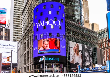 NEW YORK, USA - SEP 22, 2015: Yahoo screen at the Times Square, a major commercial neighborhood in Midtown Manhattan, New York City