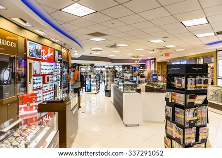 NEW YORK, USA - SEP 21, 2015: Duty free area of the John F. Kennedy International Airport. It is the busiest international air passenger gateway in the United States