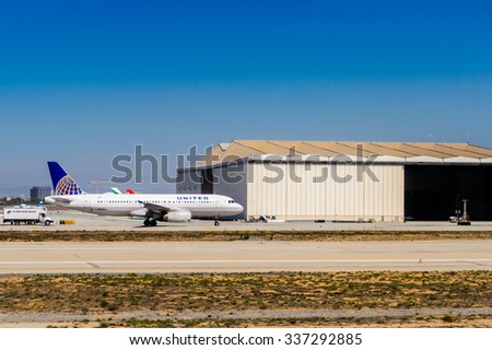 LOS ANGELES, USA - SEP 26, 2015: United airlines aircraft at the Los Angeles International Airport (LAX) , the primary airport serving the Greater Los Angeles Area,