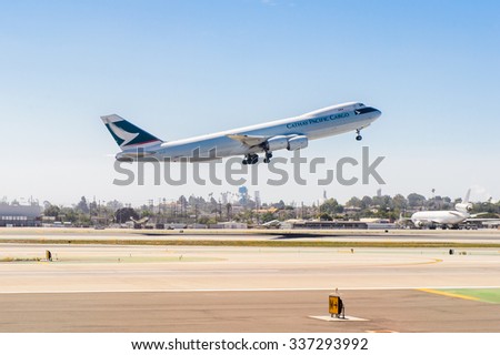 LOS ANGELES, USA - SEP 26, 2015: Cathay Pacific Cargo takes off at the Los Angeles International Airport (LAX) , the primary airport serving the Greater Los Angeles Area,