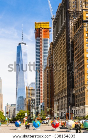 NEW YORK, USA - SEP 22, 2015: Skyscapers of the of the Lower Manhattan (Downtown). Downtown  was originated at the southern tip of Manhattan Island in 1624
