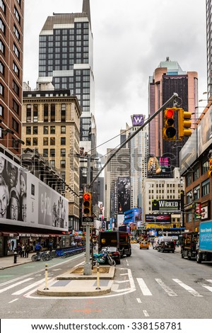 NEW YORK, USA - SEP 22, 2015: Posters and promotion billboards of the Broadway street. It is the oldest northÃ?Â¢??south main thoroughfare in New York City